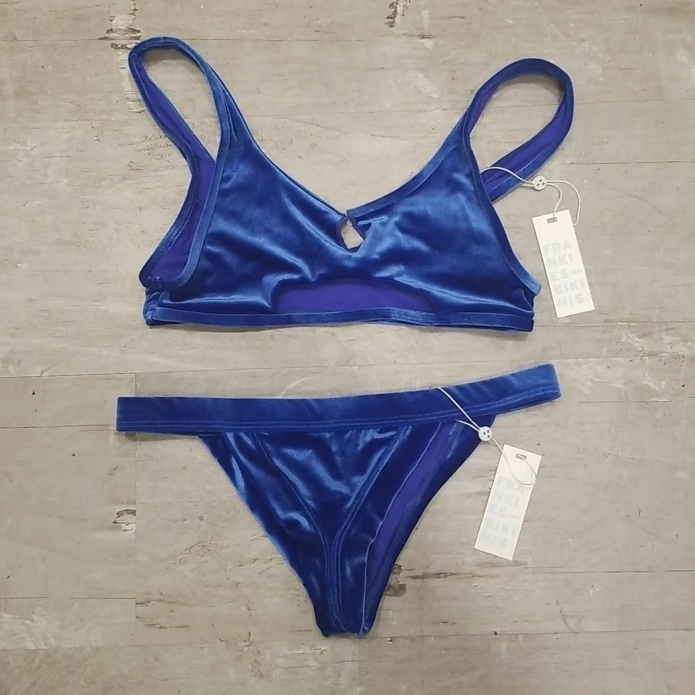 💕FRANKIE'S💕 Cole Velvet Bikini (Scoop Top + Cheeky Bottom) Pacific Blue L NWT